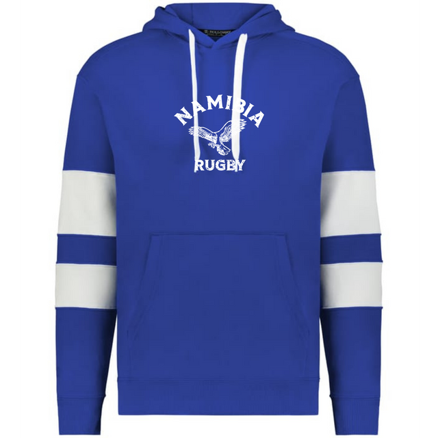 The WRS Augusta Nations of Rugby Namibia Jackson Way Hoodie is blue with white sleeve stripes, a front pocket, and "Namibia Rugby" plus an eagle graphic printed in white on the chest.