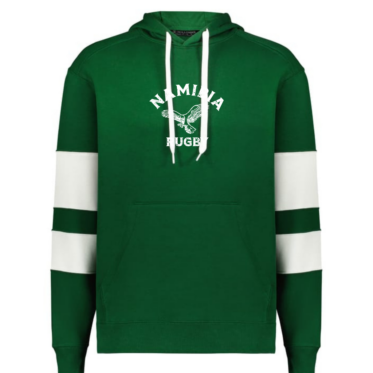 The WRS Augusta Nations of Rugby Namibia Jackson Way Hoodie features white drawstrings, sporty sleeve stripes, and a bold "NAMIBIA RUGBY" eagle chest print—ideal for rugby fans.