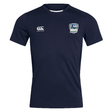 Navy blue CSU Monterey Bay Otter Rugby Club Dry Tee by EMB Canterbury with canterbury logo on the right chest and a rugby team emblem on the left chest, featuring breathable fabric, displayed against a white background.