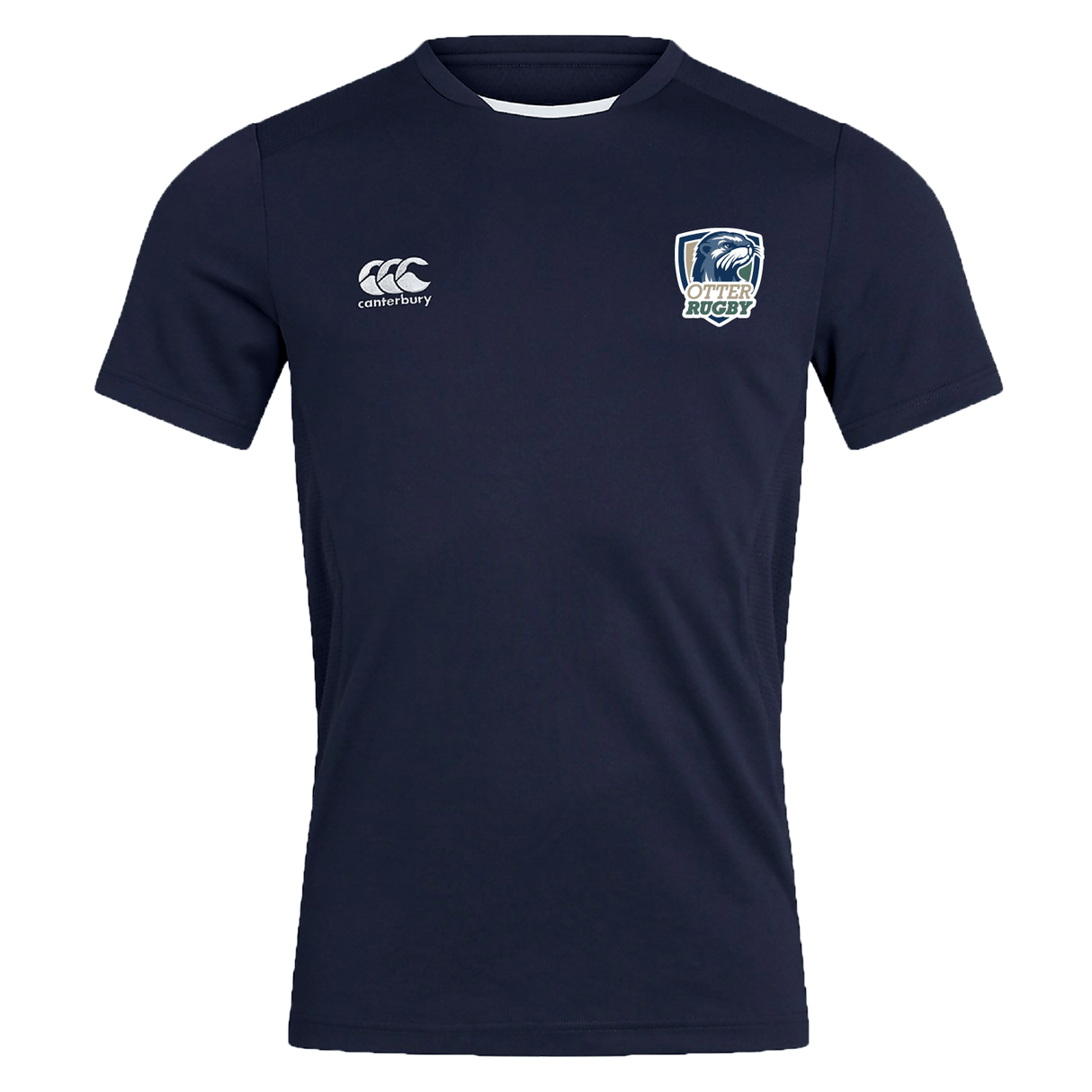 Navy blue CSU Monterey Bay Otter Rugby Club Dry Tee by EMB Canterbury with canterbury logo on the right chest and a rugby team emblem on the left chest, featuring breathable fabric, displayed against a white background.