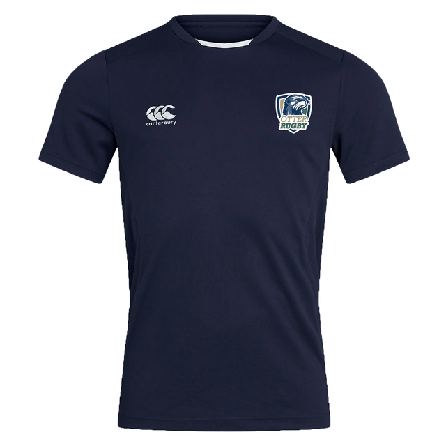 Navy blue CSU Monterey Bay Otter Rugby Club Dry Tee by EMB Canterbury with canterbury logo on the right chest and a rugby team emblem on the left chest, featuring breathable fabric, displayed against a white background.