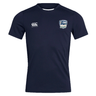 Navy blue CSU Monterey Bay Otter Rugby Club Dry Tee by EMB Canterbury with canterbury logo on the right chest and a rugby team emblem on the left chest, featuring breathable fabric, displayed against a white background.