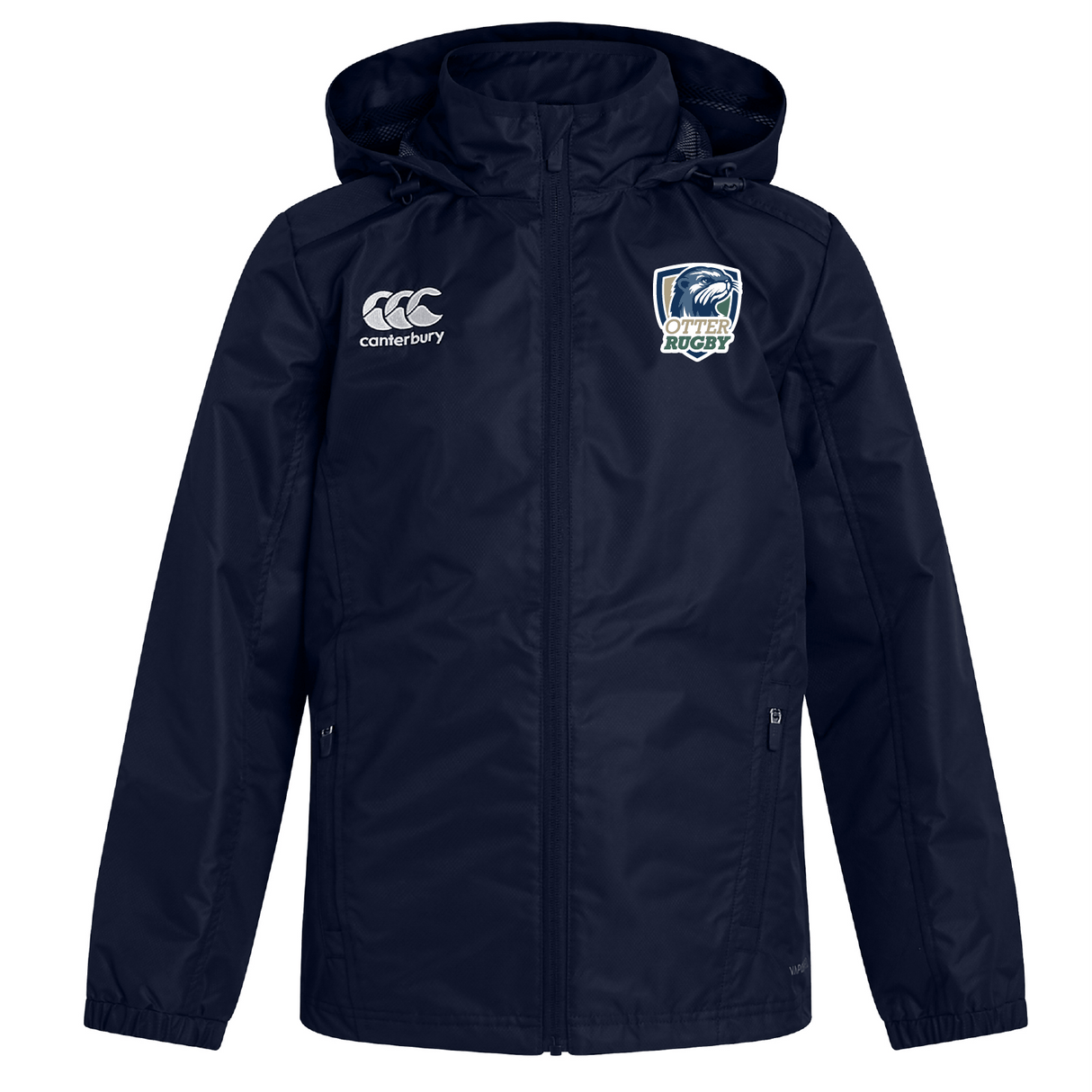 Navy blue water-resistant rain jacket with hood and logo, featuring the CSU Monterey Bay Otter Rugby Club emblem on the right chest by EMB Canterbury.