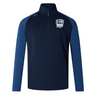 Navy blue CSU Monterey Bay Otter Rugby Elite First Layer VapoDri quarter-zip pullover with light blue sleeves and a logo on the right chest, isolated on a white background by EMB Canterbury.