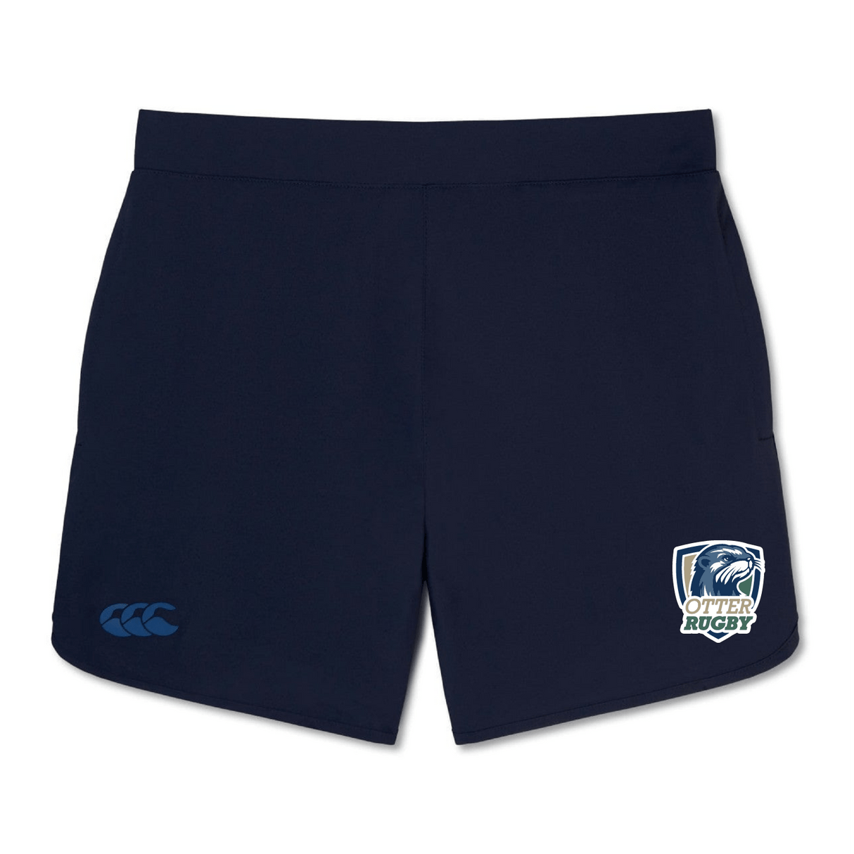 Navy blue CSU Monterey Bay Otter Rugby Elite Woven gym shorts featuring a rugby logo on the right hem, zipped pockets, and a EMB Canterbury logo on the left leg.
