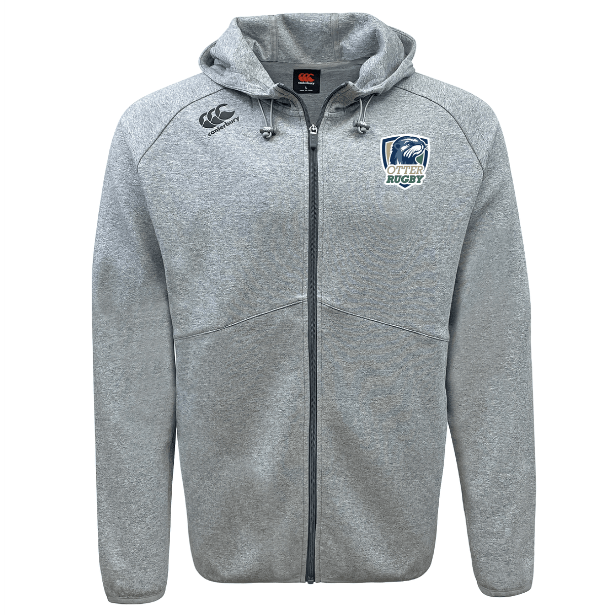 Gray full-zip hoodie with CSU Monterey Bay Otter Rugby logos on the chest, displayed on a plain background by EMB Canterbury.