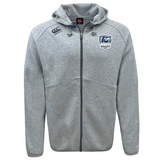 Gray full-zip hoodie with CSU Monterey Bay Otter Rugby logos on the chest, displayed on a plain background by EMB Canterbury.