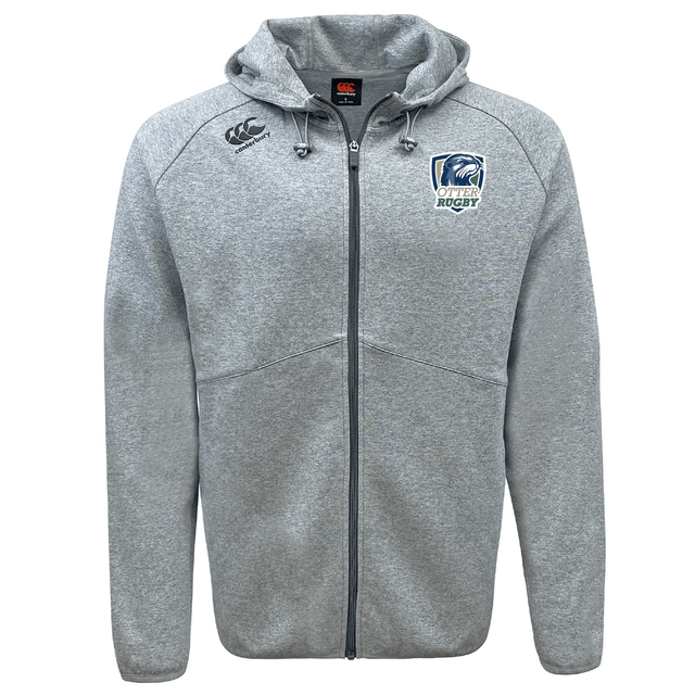 Gray full-zip hoodie with CSU Monterey Bay Otter Rugby logos on the chest, displayed on a plain background by EMB Canterbury.