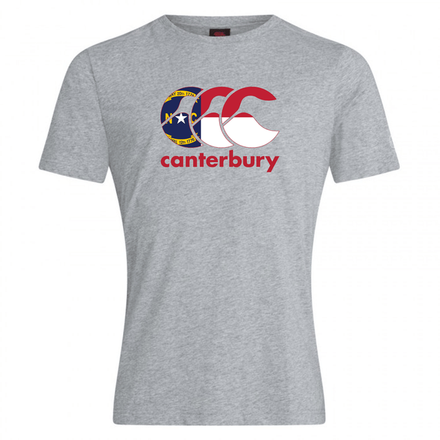 The WRS Canterbury North Carolina CCC Flag Club T-shirt is a grey tee showcasing the iconic Kiwi logo with North Carolina state seal and "canterbury" in red beneath the design.