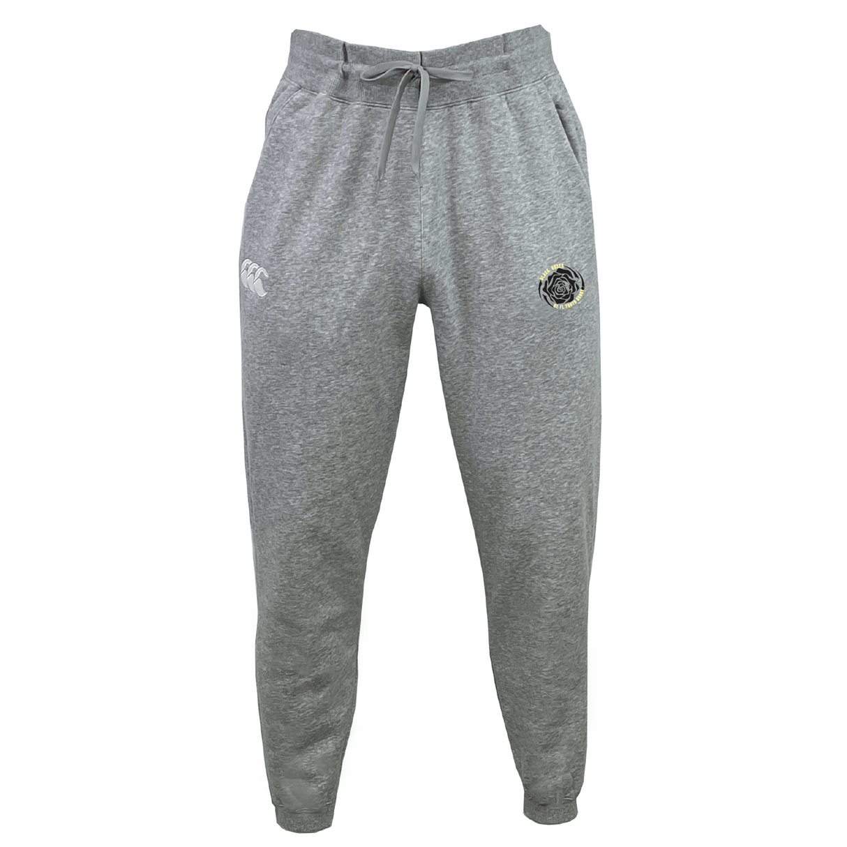 The NE Florida Touch RFC Leisure Sweatpant by EMB Canterbury features a gray color, elastic waistband, drawstring, and embroidered logos on both upper legs. It is crafted from organic cotton and recycled polyester and is showcased against a white background.