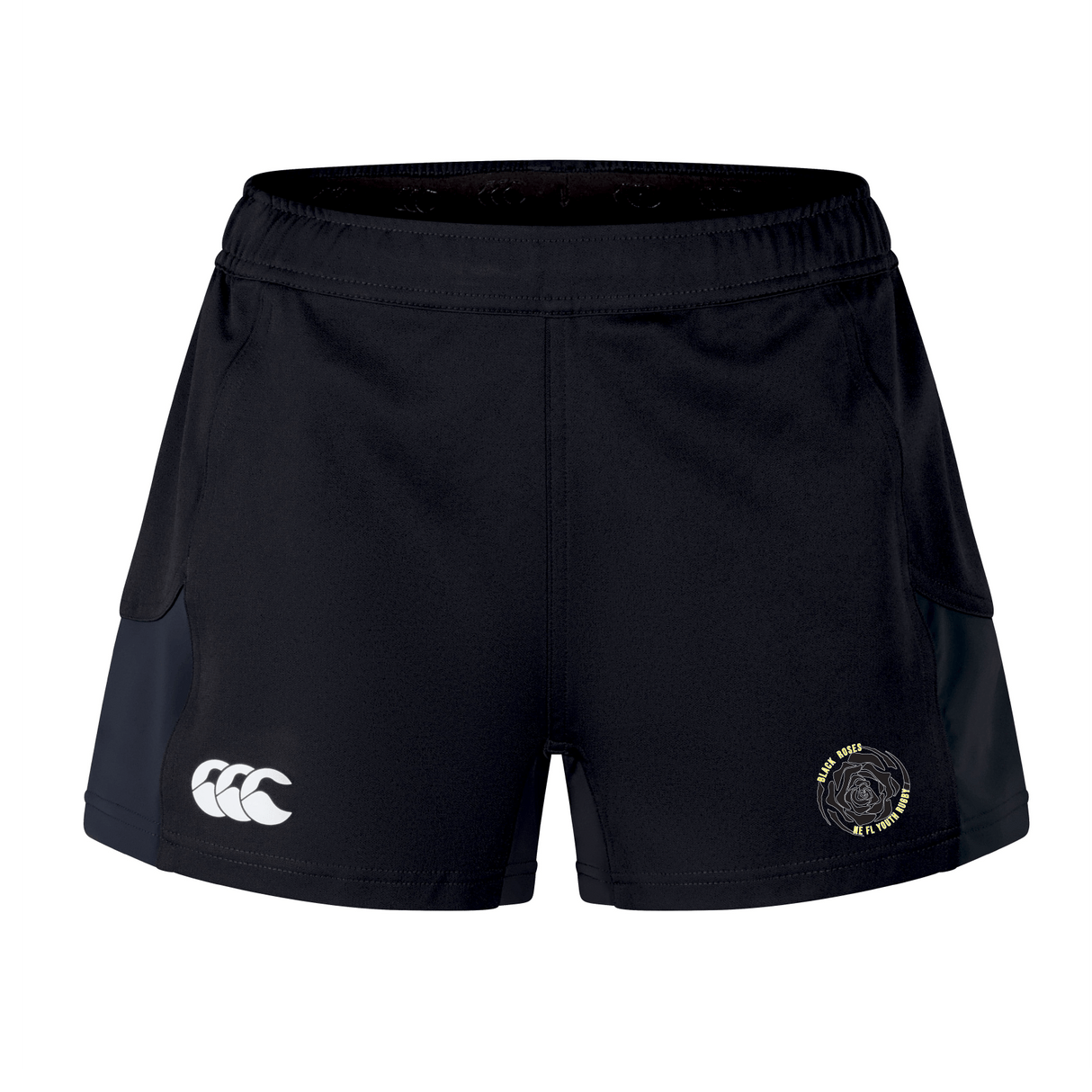 NE Florida Touch RFC Women's Advantage Short 2.0 by Canterbury: These black athletic shorts from EMB Canterbury feature a white logo on the right leg and a circular emblem on the left leg. They are crafted from recycled content for enhanced performance and sustainability.