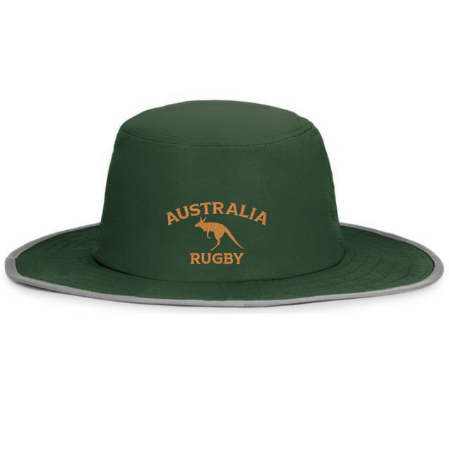 Show your support with the EMB Augusta Nations of Rugby Australia Rugby Legend Boonie Cap—this green, wide-brimmed cap features "Australia Rugby" and a gold kangaroo logo embroidered on the front.