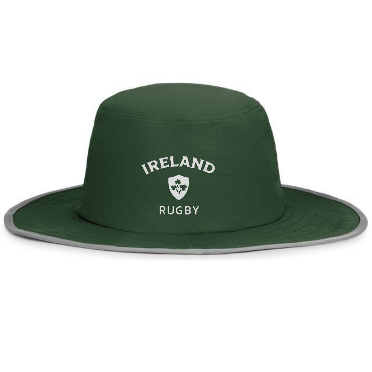The EMB Augusta Nations of Rugby Ireland Rugby Legend Boonie Cap is a dark green hat with a grey edge, "Ireland Rugby," and a shamrock crest—ideal for any rugby supporter.