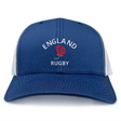 Show your support with the Nations of Rugby England Retro Trucker Cap by EMB S&S Activewear, featuring "ENGLAND RUGBY" text, a red rose emblem, and a snapback closure—ideal for any rugby fan.