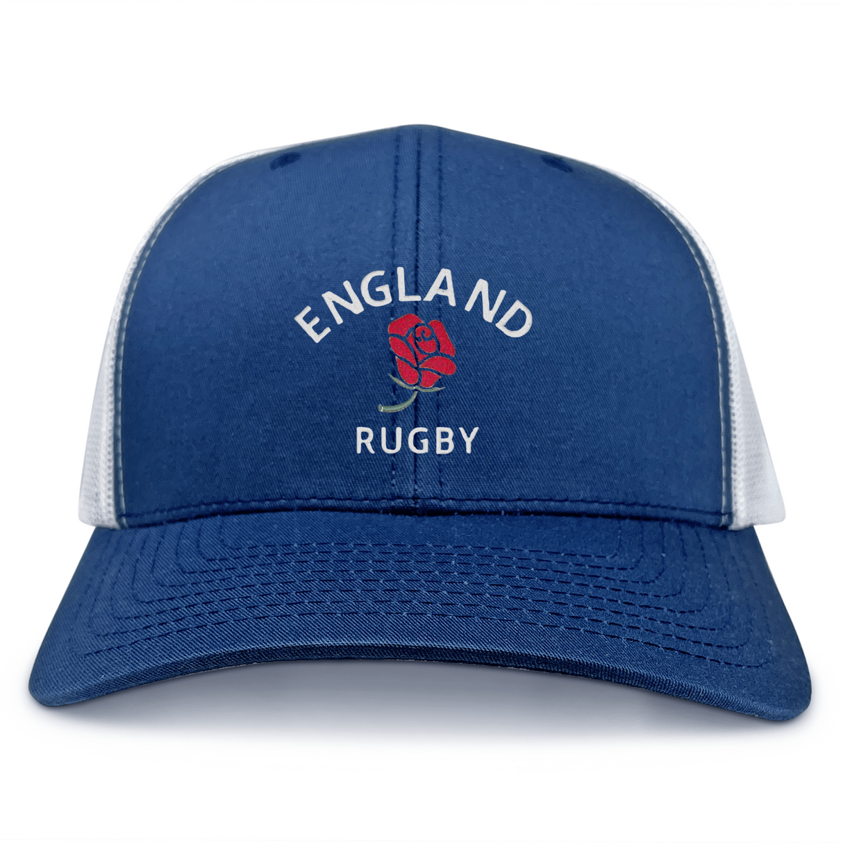 Show your support with the Nations of Rugby England Retro Trucker Cap by EMB S&S Activewear, featuring "ENGLAND RUGBY" text, a red rose emblem, and a snapback closure—ideal for any rugby fan.