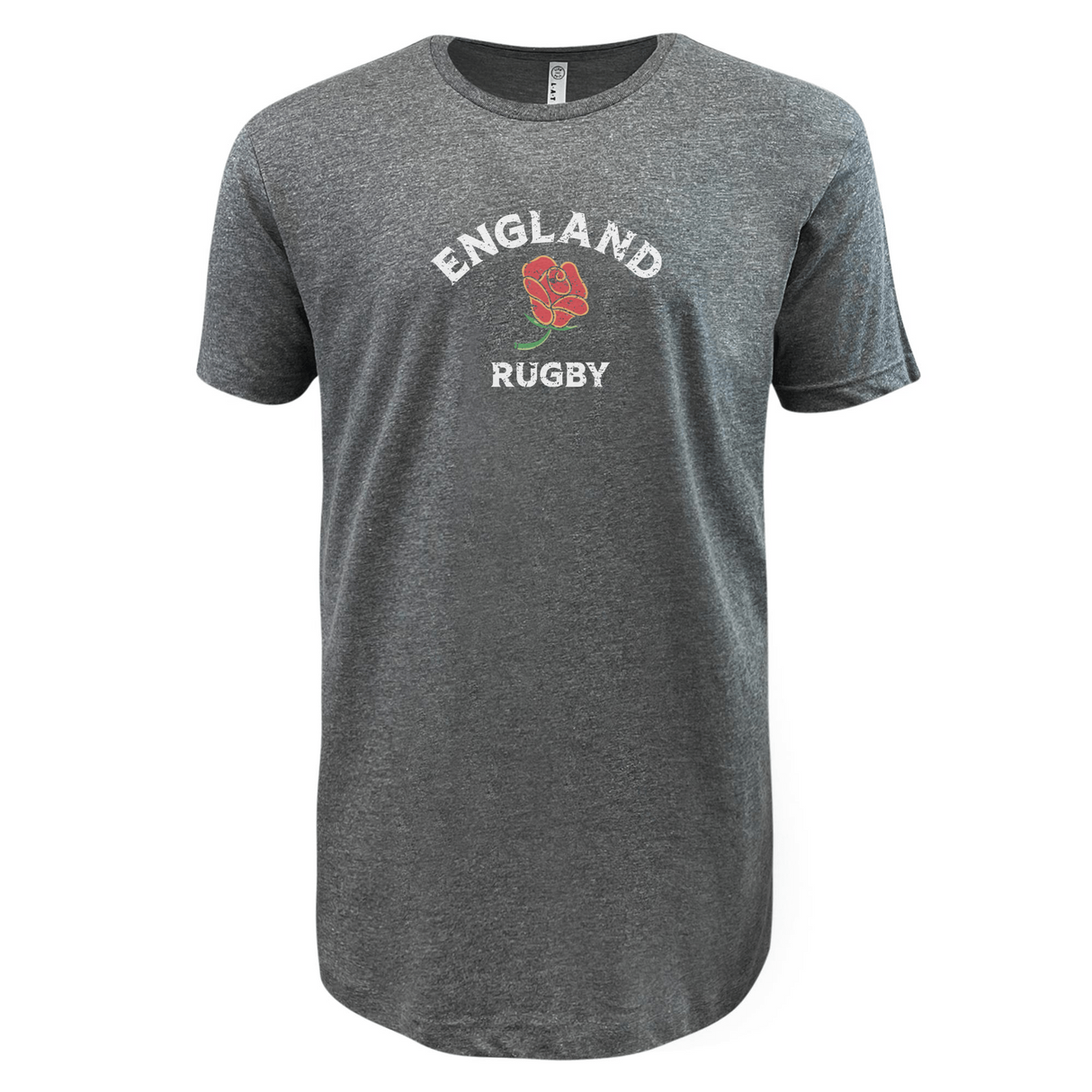 The WRS LAT Nations of Rugby England Rugby Supersoft Tee in heather grey features "ENGLAND RUGBY" and a red rose graphic on the chest—a must-have for England rugby fans.