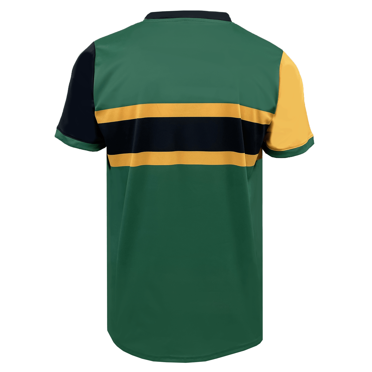 The Nations of Rugby Jamaica Supporters Jersey by Admiral is a short-sleeve polo shirt with a rear view showcasing green fabric adorned with black and yellow horizontal stripes. It has a distinctive black left sleeve and a yellow right sleeve, capturing the vibrant spirit of Rugby Jamaica fans.