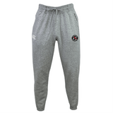 The NOVA RFC Leisure Sweatpant by EMB Canterbury is a pair of grey sustainable sweatpants featuring an elastic waistband and drawstring, adorned with the brand's logo on the left thigh and a Canterbury logo on the right.
