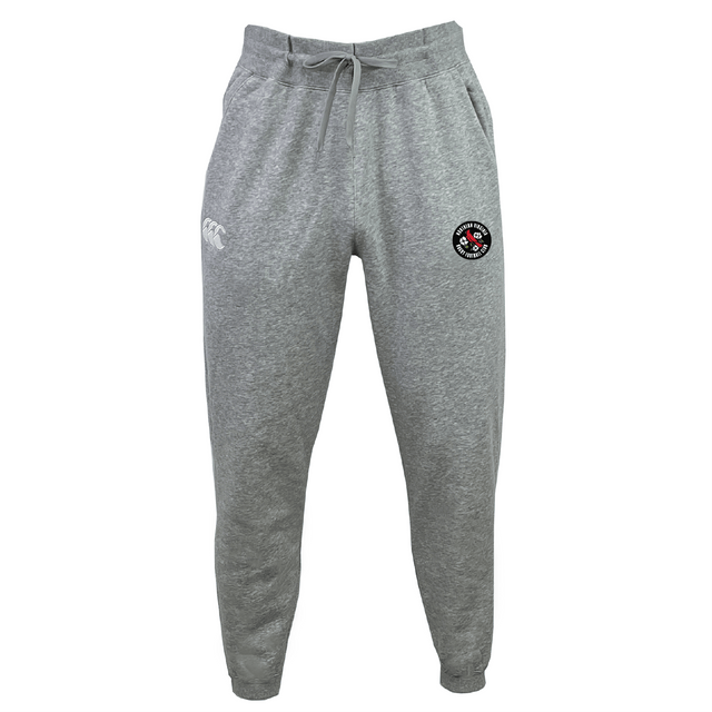 The NOVA RFC Leisure Sweatpant by EMB Canterbury is a pair of grey sustainable sweatpants featuring an elastic waistband and drawstring, adorned with the brand's logo on the left thigh and a Canterbury logo on the right.