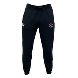 NOVA RFC Leisure Sweatpant by EMB Canterbury in black features a sustainable design with a drawstring waist, an embroidered logo on the left thigh, and white text on the right thigh.