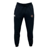 NOVA RFC Leisure Sweatpant by EMB Canterbury in black features a sustainable design with a drawstring waist, an embroidered logo on the left thigh, and white text on the right thigh.
