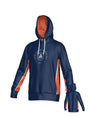Front and back views of a navy blue New Saint Andrews College Canterbury Kirra Performance Hoody with orange side panels, orange hood lining, and the New Saint Andrews RFC logo on the chest.