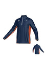 New Saint Andrews College Canterbury Kirra Mid-layer 1/4 Zip navy blue pullover with orange side panels, a white zipper, and logos on the chest.