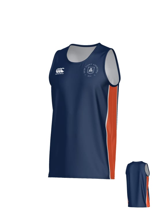 New Saint Andrews College Canterbury Kirra Performance Singlet in navy blue with white accents, orange side panels, a Canterbury logo on the right chest, and a New Saint Andrews RFC crest on the left.