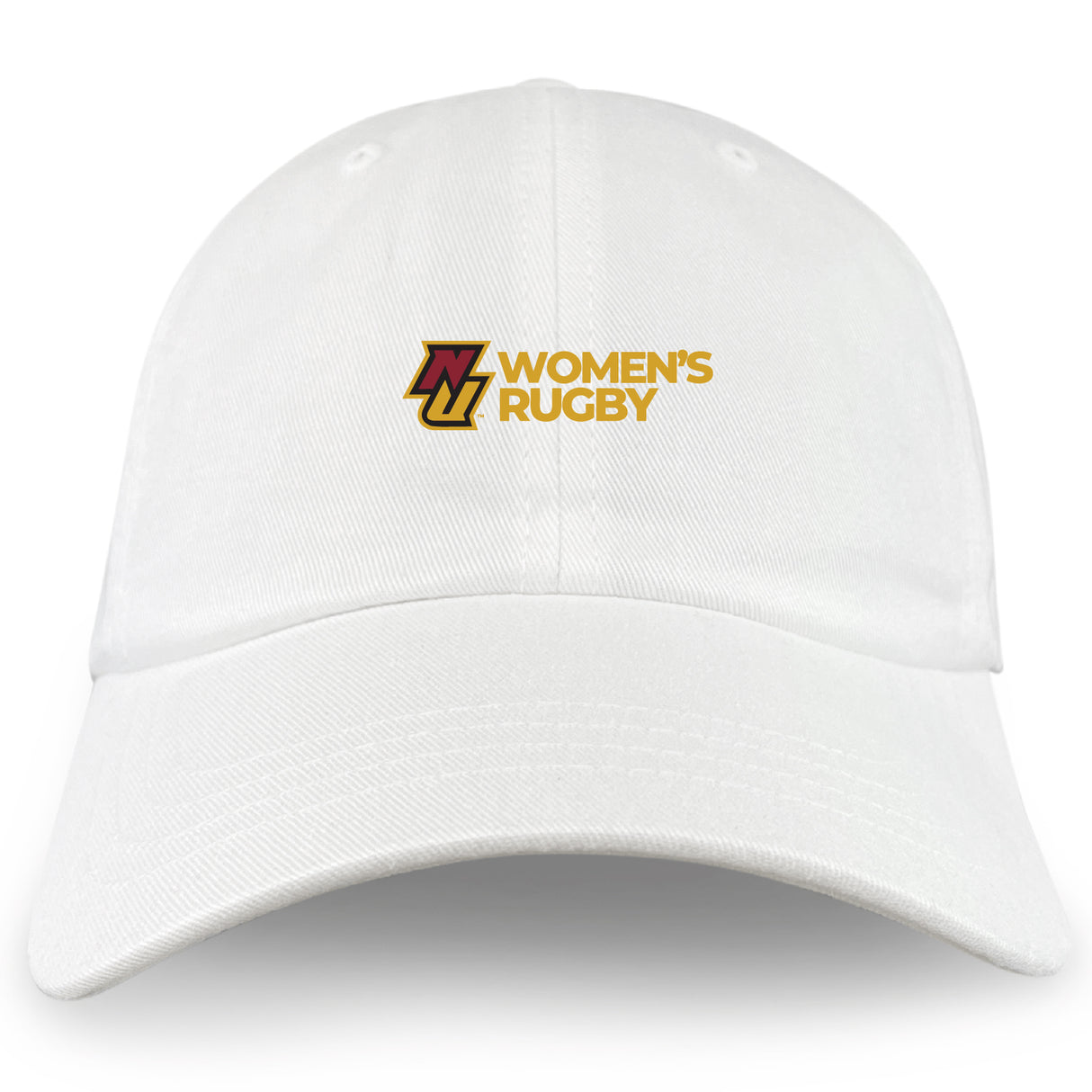 The Norwich University Women's Rugby Dad Cap by EMB S&S Activewear is a white cotton twill cap with “Women's Rugby” and a maroon and gold “N” logo embroidered on the front.