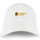 The Norwich University Women's Rugby Dad Cap by EMB S&S Activewear is a white cotton twill cap with “Women's Rugby” and a maroon and gold “N” logo embroidered on the front.