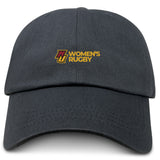 The Norwich University Women's Rugby Adult Low-Profile Cotton Twill Dad Cap by EMB S&S Activewear is a black dad cap with an embroidered yellow and maroon "N Women's Rugby" logo on the front.