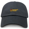 The Norwich University Women's Rugby Adult Low-Profile Cotton Twill Dad Cap by EMB S&S Activewear is a black dad cap with an embroidered yellow and maroon "N Women's Rugby" logo on the front.