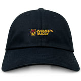The Norwich University Women's Rugby Adult Low-Profile Cotton Twill Dad Cap by EMB S&S Activewear is a black hat with embroidered "Women's Rugby" team branding in yellow and maroon on the front.