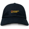 The Norwich University Women's Rugby Adult Low-Profile Cotton Twill Dad Cap by EMB S&S Activewear is a black hat with embroidered "Women's Rugby" team branding in yellow and maroon on the front.