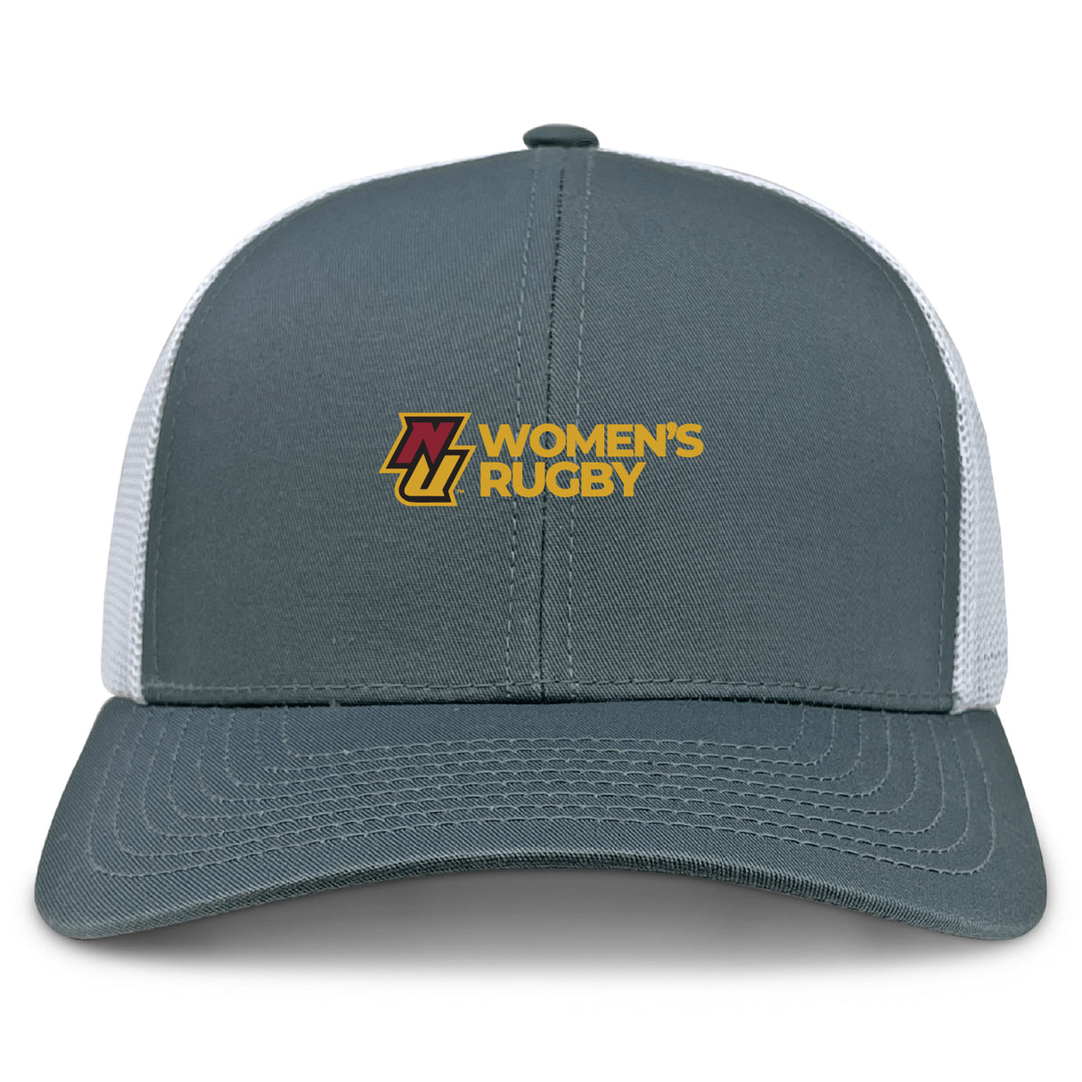 The EMB S&S Activewear Norwich University Women's Rugby Retro Trucker Cap features a grey and white design, embroidered “Women’s Rugby” text, a yellow and maroon front logo, and a snapback closure.