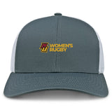 The EMB S&S Activewear Norwich University Women's Rugby Retro Trucker Cap features a grey and white design, embroidered “Women’s Rugby” text, a yellow and maroon front logo, and a snapback closure.