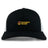 The Norwich University Women's Rugby Retro Trucker Cap by EMB S&S Activewear features a black and white design, yellow "Women's Rugby" and "W" embroidery on the front, and a classic snapback closure.