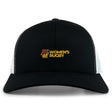 The Norwich University Women's Rugby Retro Trucker Cap by EMB S&S Activewear features a black and white design, yellow "Women's Rugby" and "W" embroidery on the front, and a classic snapback closure.