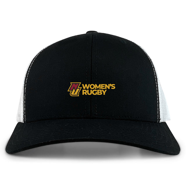 The Norwich University Women's Rugby Retro Trucker Cap by EMB S&S Activewear features a black and white design, yellow "Women's Rugby" and "W" embroidery on the front, and a classic snapback closure.