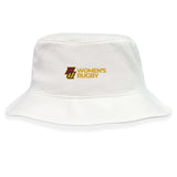 The Norwich University Women's Rugby Crusher Bucket Cap by EMB S&S Activewear is a white cotton twill hat with a maroon and gold "NZ WOMEN'S RUGBY" logo—ideal as stylish sun protection for sporty days.