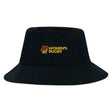 The Norwich University Women's Rugby Crusher Bucket Cap by EMB S&S Activewear is a black cotton twill hat featuring a maroon and gold embroidered logo on the front—ideal for stylish sun protection.