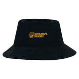 The Norwich University Women's Rugby Crusher Bucket Cap by EMB S&S Activewear is a black cotton twill hat featuring a maroon and gold embroidered logo on the front—ideal for stylish sun protection.