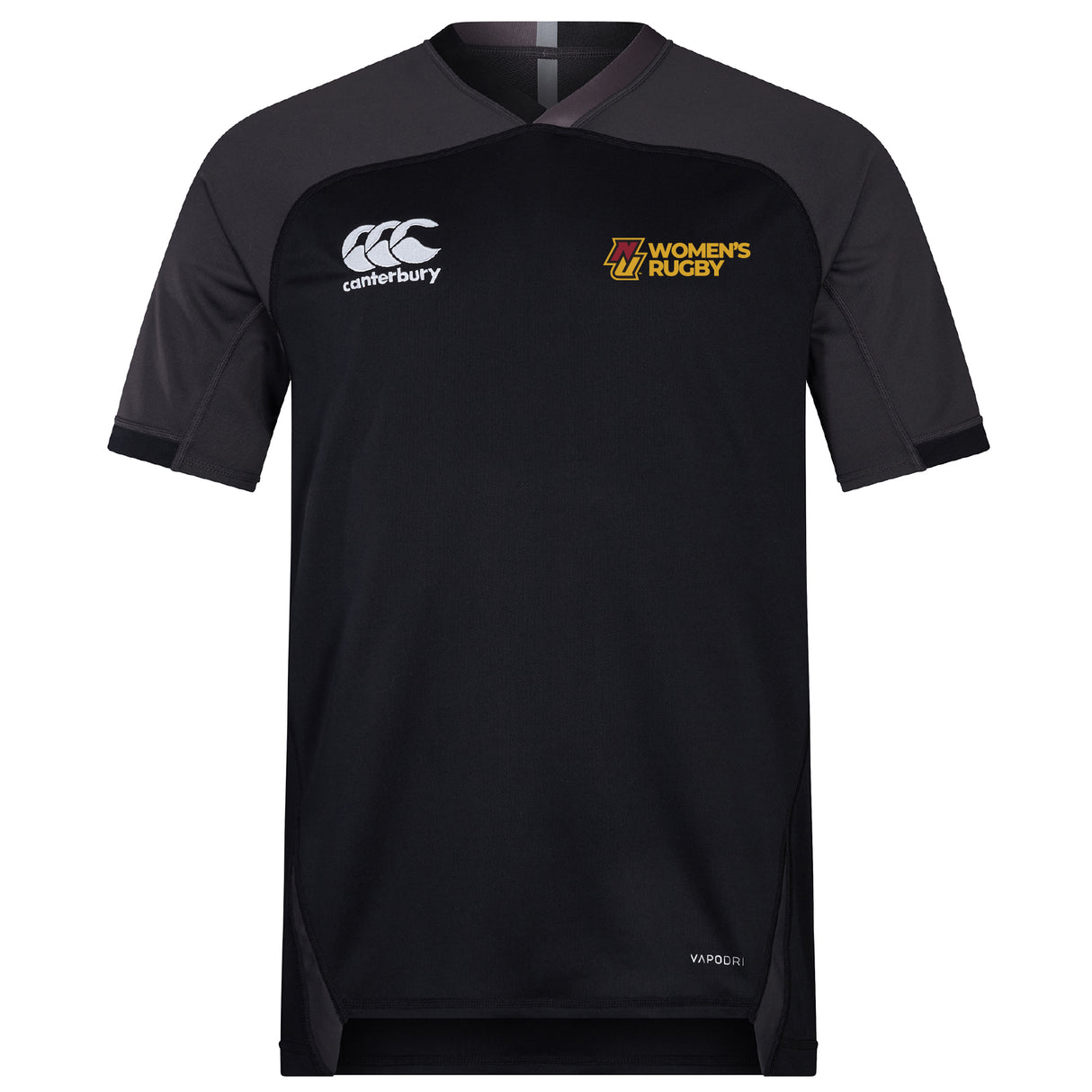 The Norwich University Women's Rugby Vapodri Evader Jersey by EMB Canterbury is a black short-sleeve rugby jersey with moisture-wicking tech, the Canterbury logo on the right chest, and "Women's Rugby" text and emblem on the left chest.
