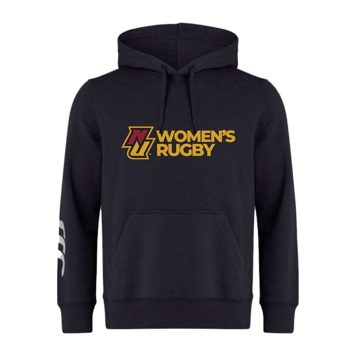 The Norwich University Women's Rugby Club Hoodie by WRS Canterbury features a red and gold "NZ Women's Rugby" logo on the chest and three white stripes on the sleeve—ideal for fans seeking a custom rugby hoodie.