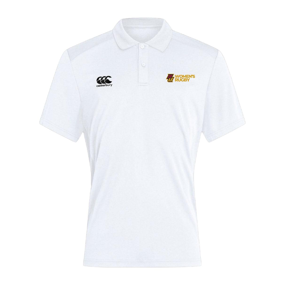 The Norwich University Women's Rugby Club Dry Polo by EMB Canterbury is a white, breathable polo with the Canterbury logo on the right chest and a yellow "Women's Rugby" logo on the left.