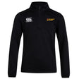 The Norwich University Women's Rugby Club 1/4 Zip Mid Layer Training Top by EMB Canterbury is a black, long-sleeve rugby top featuring the Canterbury logo on the right chest and "Women's Rugby" on the left.