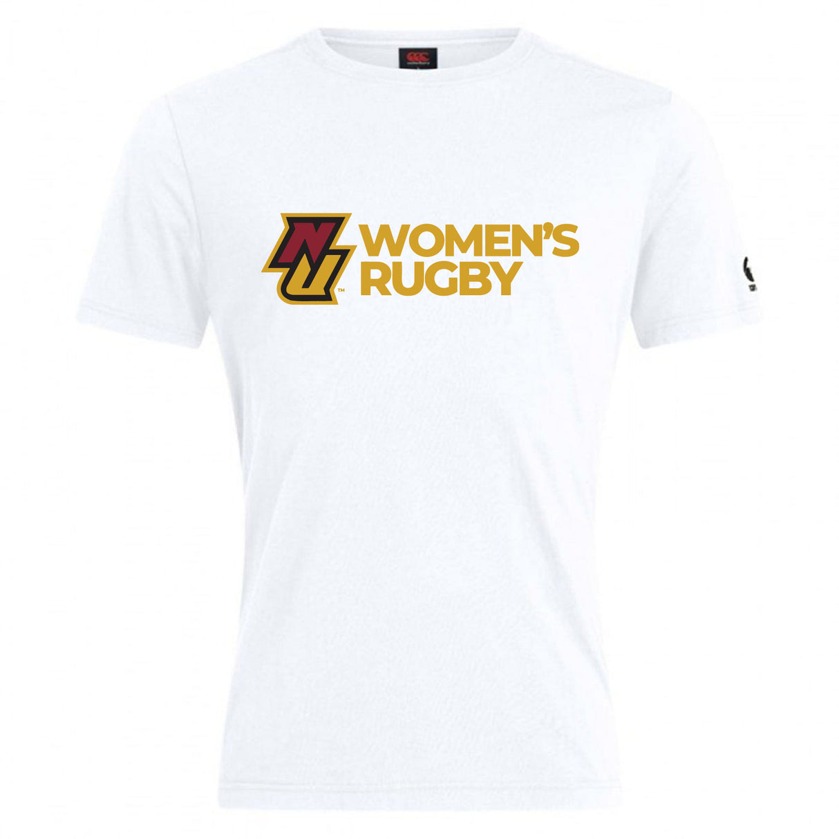The WRS Canterbury Norwich University Women's Rugby Club Plain Tee is a white cotton blend shirt featuring "N Women’s Rugby" in gold and maroon—ideal for fans after a classic, sporty look.