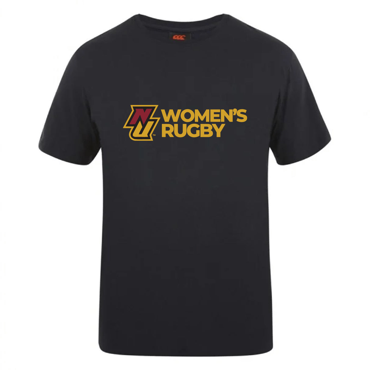 The Norwich University Women's Rugby Club Plain Tee by WRS Canterbury is a black cotton blend shirt featuring "NZ Women's Rugby" in yellow and maroon on the front.