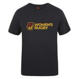 The Norwich University Women's Rugby Club Plain Tee by WRS Canterbury is a black cotton blend shirt featuring "NZ Women's Rugby" in yellow and maroon on the front.