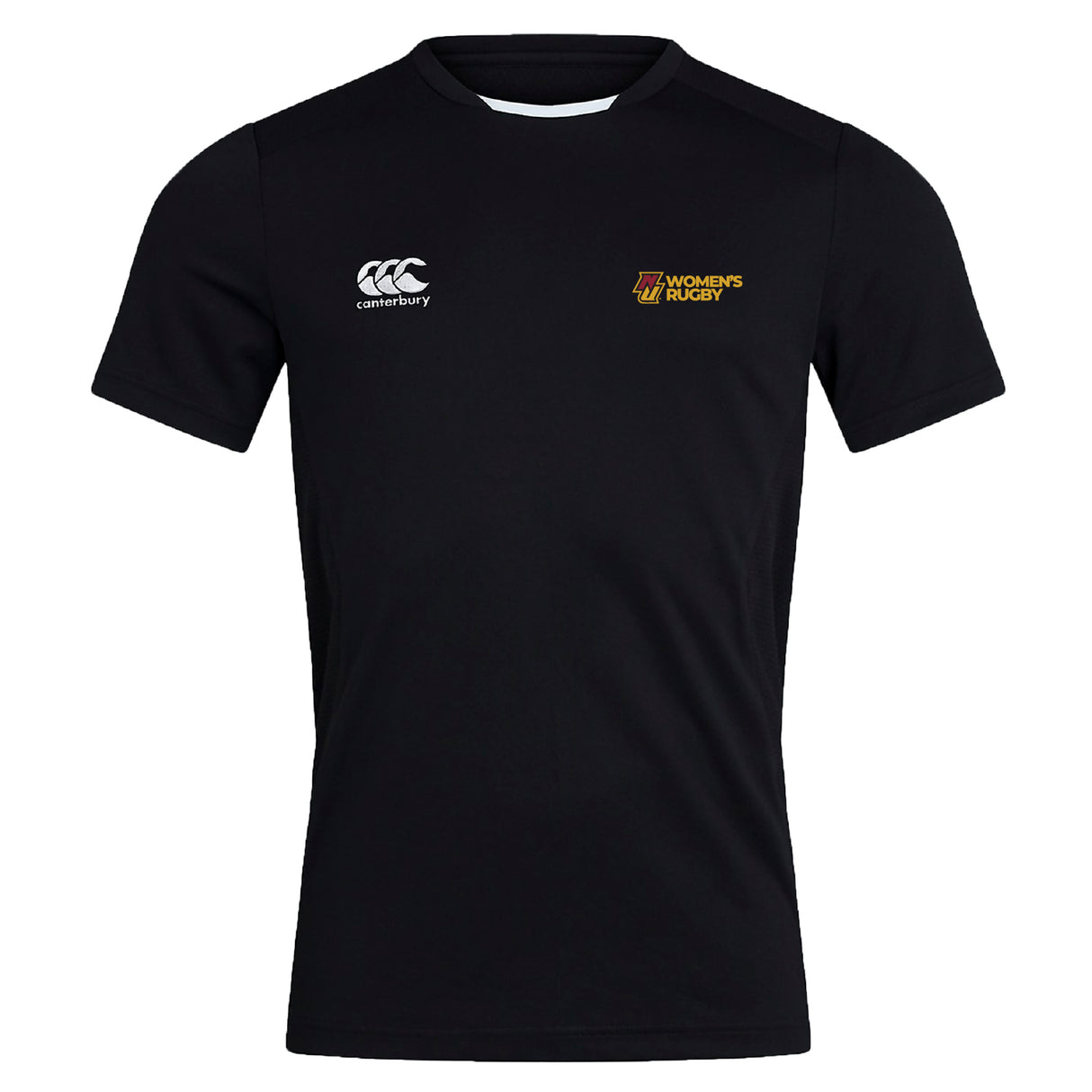 The Norwich University Women's Rugby Club Dry Tee by EMB Canterbury features a black short-sleeve design with Vapodri Technology, "Canterbury" logo on the left chest, and "Women's Rugby" logo on the right. Shown on a white background.